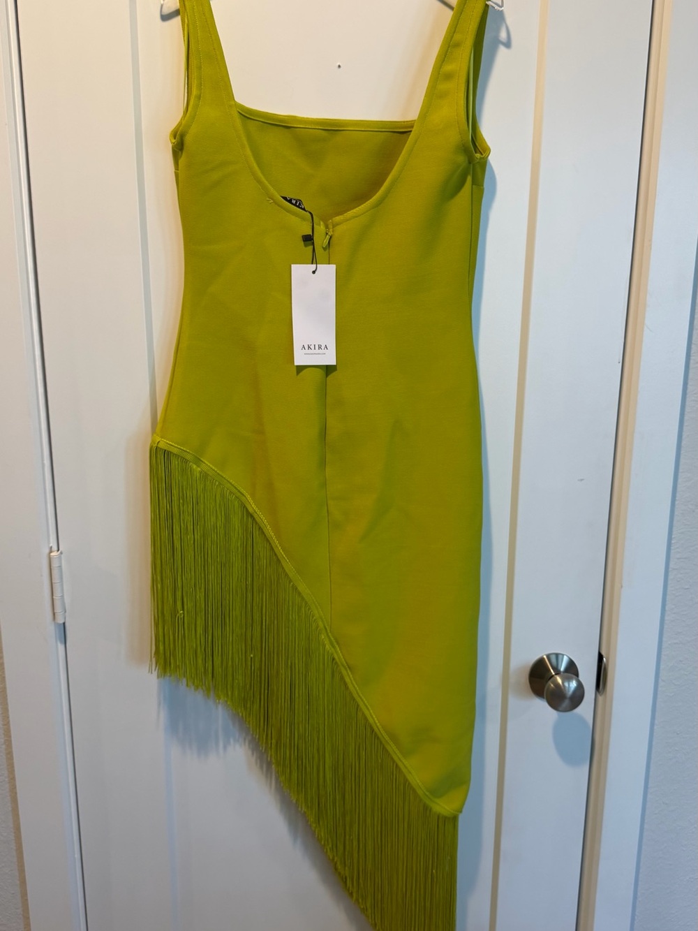 AKIRA Neon Lime Asymmetrical Fringe Mini Dress - Picture 5 of 5